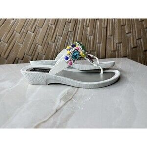 Grandco Sandals Jeweled White Flip Flops Slides Slip On Wedge Heel sz 6  Women